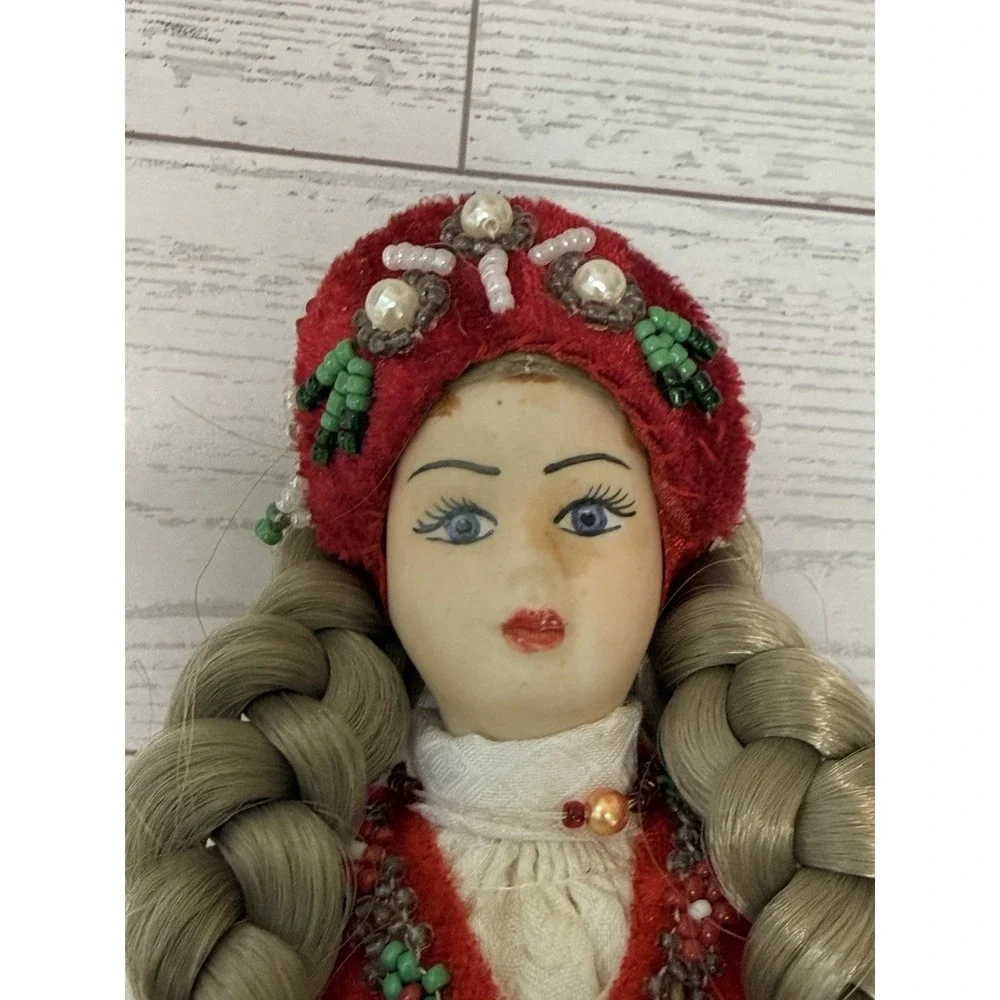 Vintage Folk Ethnic Female Doll Handmade Beaded Clothes Hat Braided Hair 10